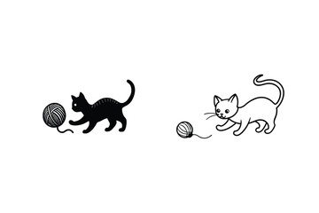 Playful Kitten Silhouettes Playing With Yarn Ball Cute Cartoon Illustration