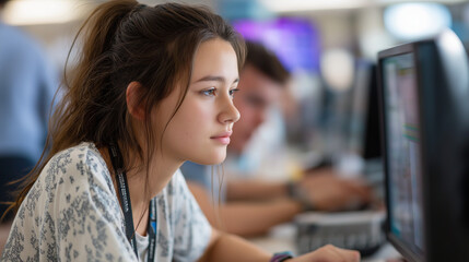 Smart Female Student Collaborating with Classmates in a Modern Classroom