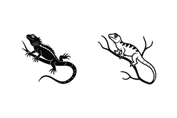 Two Lizards On Branches Graphic Black And White Vector Illustration