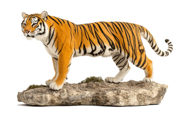 Fototapeta premium Majestic Tiger on the Prowl: A striking portrait of a tiger in its full glory, displaying the beauty of the wild, standing on a rocky surface, its presence exudes confidence and power.