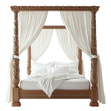 Ornate wooden four-poster canopy bed with white curtains and bedding, side view, isolated on a transparent background.