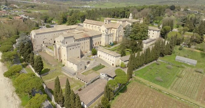 Aerial view of Casamari Abbey located near Frosinone, Lazio, Italy. It is a Cistercian abbey, example of early Italian Gothic architecture in the Burgundian style. It was declared a National Monument.
