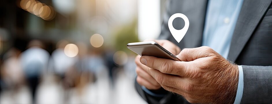 Businessman holds smartphone displaying location icon, representing digital networking and data exchange in a vibrant city environment
