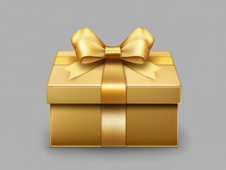 Elegant golden gift box with satin ribbon bow on neutral background for festive celebrations
