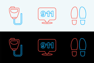Set line Footsteps, Walkie talkie and Telephone call 911 icon. Vector