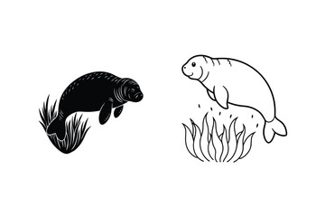 Hand Drawn Manatees In Black And White Outline Illustration For Design Elements