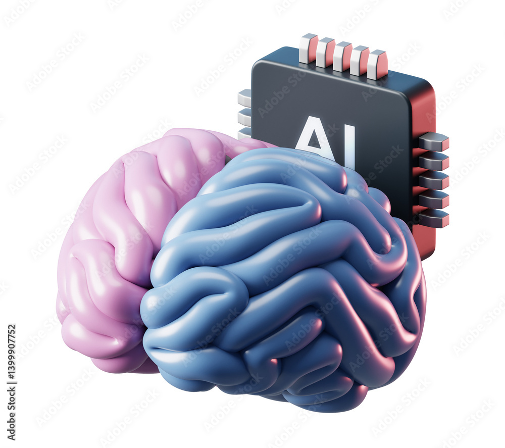 Poster 3d ai brain with artificial intelligence technology on transparent png and neural digital data machi