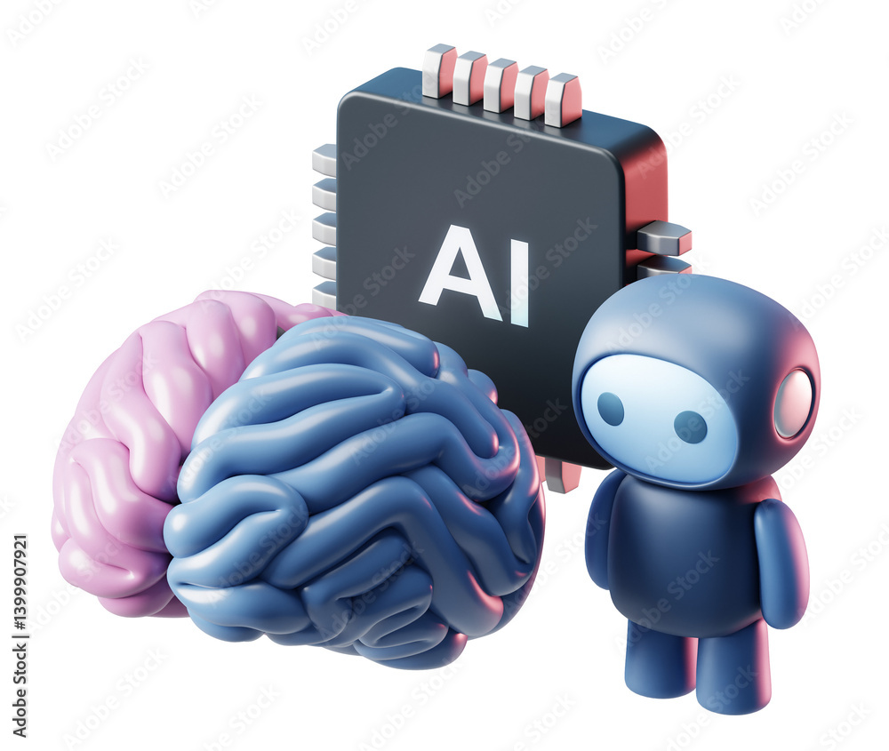 Poster 3d ai brain with artificial intelligence technology on transparent png and neural digital data machi