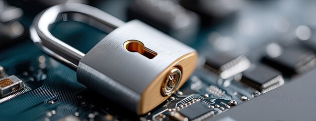 A hologram padlock on a circuit board emphasizes online safety and data protection in the digital world