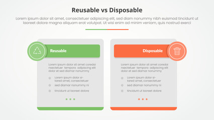 reusable vs disposable comparison opposite infographic concept for slide presentation with big box table and circle badge header with flat style