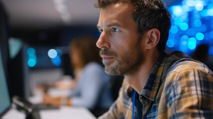 Obraz premium Tech Support Specialist Working in High-Tech Control Room