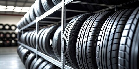 Neatly arranged new automobile tires on racks inside a tire warehouse, displaying the rubber texture and tread pattern under soft light in a professional automotive environment

