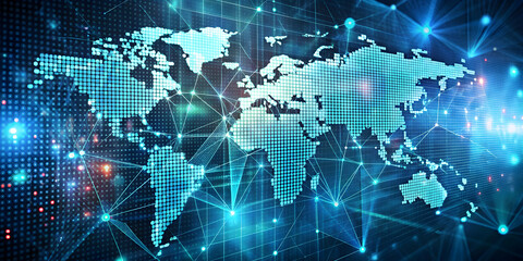 Polygonal matrix resembling a digital world with pixelated effects