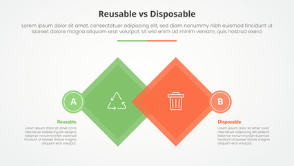 reusable vs disposable comparison opposite infographic concept for slide presentation with diamond shape rotate square blending with flat style