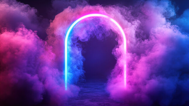 A striking neon arch glows in shades of blue and pink, surrounded by swirling clouds of colorful smoke. The atmosphere is moody and captivating, inviting curiosity and intrigue.Copy space