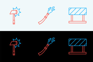 Set line Road barrier, Firefighter axe and hose reel icon. Vector