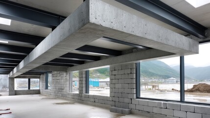 White concrete panels and wooden beams are being installed at a construction site for the facade cladding of a residential building