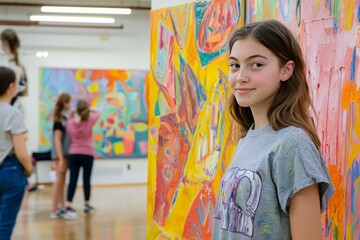 A school gym turned into a weekend art space. A teen stands proudly next to their abstract painting. Families walk around with interest 