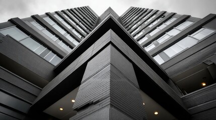 Fototapeta premium Tall building showcases modern architecture with a geometric pattern against a cloudy backdrop, captured from a low angle