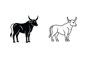 Minimalist Illustration Of Bull Cattle Silhouette And Outline Vector Design