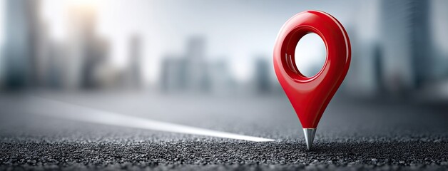 Location pin icon stands prominently on an asphalt road with a bustling city background and ample space for text inclusion