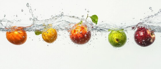 Vibrant assortment of fresh fruits plunging into crystal clear water creating splash on white background