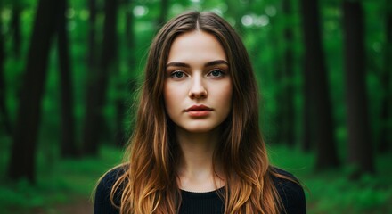 Naklejka premium Serene Woman Gazing Deep Forest Green Light. AI Generated
