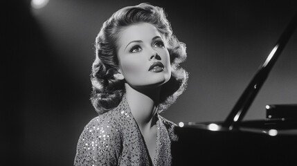 Glamorous Female Pianist in Evening Wear Captured in Timeless Black and White