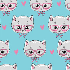 Hand Drawn Cute Cat seamless pattern vector illustration Kids print