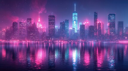 Fototapeta premium Cyberpunk Cityscape Reflecting On Water With Vibrant Neon Lights, Futuristic Design And A Night Atmosphere.