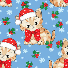 Seamless Christmas Pattern with Cute Kitten in Santa Hat, Red Bow, Holly, and Snowflakes on Blue Background Vector Hand Drawn 