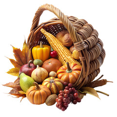 Festive wicker basket overflowing with autumn harvest fruits and colorful gourds on transparent background