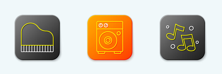 Set line Grand piano, Guitar amplifier and Music note, tone icon. Vector