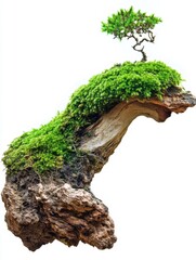 Miniature Bonsai Tree on Mossy Wood Isolated Against White Backdrop Capturing Serene Natural Beauty