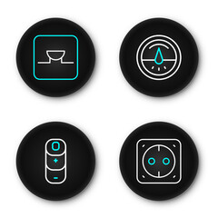 Set line Electrical outlet, Battery charge, meter and Buzzer in electronic circuit icon. Vector