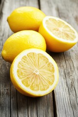 Vibrant Yellow Lemons on Rustic Wooden Surface Capturing Freshness and Citrus Flavor with a Close Up View and Natural Light