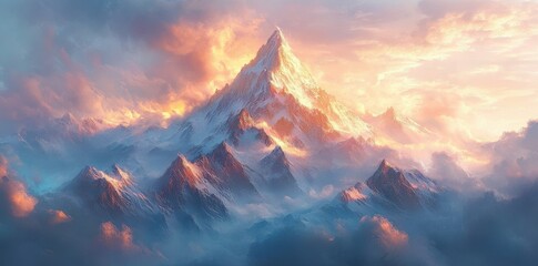 Majestic mountain range at sunrise, with golden light hitting the peaks, creating a breathtaking and tranquil landscape