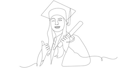 One Line Drawing of Female Graduate Holding Diploma
