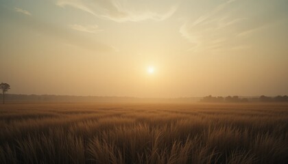 Golden sunrise over serene wheat field nature photography rural landscape peaceful environment wide angle view tranquility concept