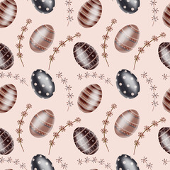 Watercolor hand drawn colorful easter eggs, leaves and flowers. Spring watercolor seamless pattern. Happy easter. Print for easter decorations. For easter cards, covers, posters, invitations