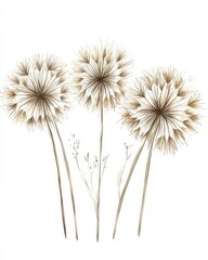 Obraz premium Delicate dandelion seed heads against a clean white background in a soft brown watercolor style botanical illustration capturing the essence of nature