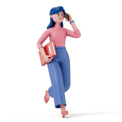woman in motion on phone, holding folder, suggesting urgency or haste in professional tasks. 3D rendering, conceptual image. Isolated on white background.