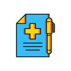 Obraz premium Color Medical prescription and pen icon isolated on white background. Rx form. Recipe medical. Pharmacy or medicine symbol. Flat filled outline style with shadow. Vector