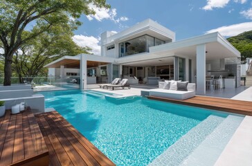 Obraz premium A modern, white two-story house with an infinity pool and wooden deck overlooking the ocean at sunset in an Australian beachside setting.