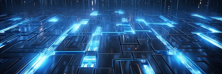 Blue Tech Grid: An electrifying close-up of a tech grid, its illuminated blue circuits forming an abstract pattern, offering a glimpse into the complex world of data and connectivity. 