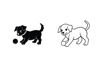 Cartoon Puppy Dog Playing With Ball Silhouette And Outline Vector Illustration