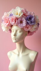 Elegant Mannequin Head with Lush Floral Headpiece Pastel Fashion Art