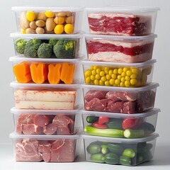 Plastic food storage boxes, each filled and stacked, angled 15 degrees to the right to form two layers of meat, fruit or vegetables inside. High resolution photography, high.