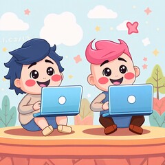 Adorable HTML and CSS Mascots Coding Together in a Colorful Digital Playground with Floating UI Elements, Laptops, and Happy Faces &ndash; Cute Web Development Clipart for Kids and Creators