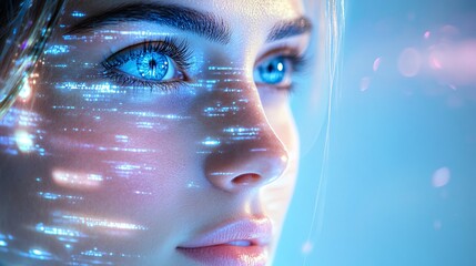 Glowing Digital Interface Reflecting on Woman's Face, Illustrating AI Concept